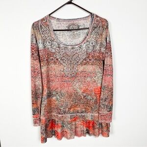 V Cristina Burnout Vtg Y2K Rhinestone Coral and Gray Long Sleeve Top M